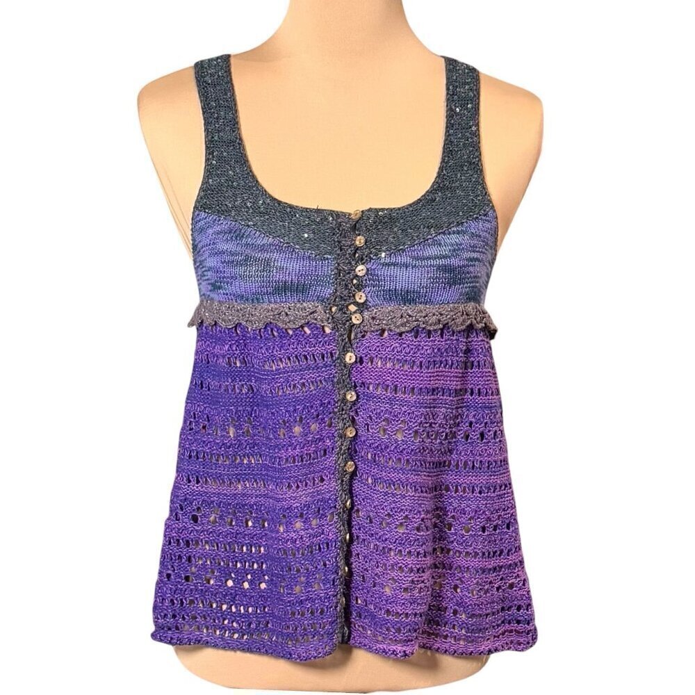Free People Crochet Babydoll Tank Top Sz.S knit Purple Fairy Cottage Boho Y2K